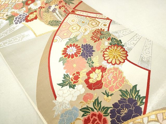 平和屋着物◎六通柄袋帯 唐織 扇面吉祥花文 金銀糸 逸品 DAAG9518op