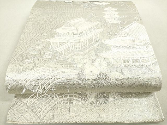 平和屋着物◎六通柄袋帯 唐織 風景花文 銀糸 逸品 DAAH9570tw