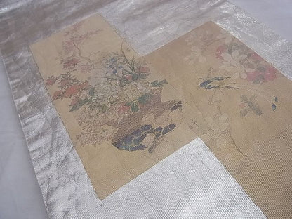 平和屋着物■太鼓柄袋帯 手描き 螺鈿箔 琳派色紙花鳥絵図 金彩 引箔 逸品 BAAJ1141du