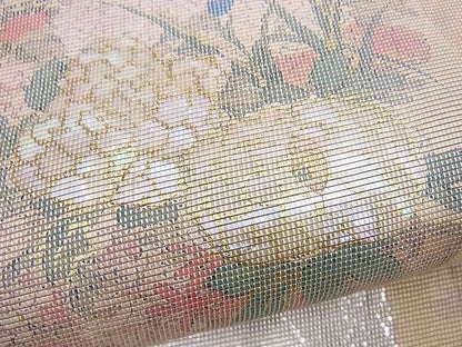 平和屋着物■太鼓柄袋帯 手描き 螺鈿箔 琳派色紙花鳥絵図 金彩 引箔 逸品 BAAJ1141du