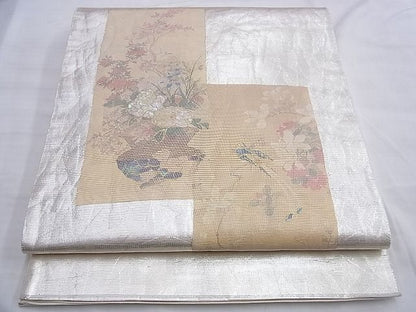 平和屋着物■太鼓柄袋帯 手描き 螺鈿箔 琳派色紙花鳥絵図 金彩 引箔 逸品 BAAJ1141du
