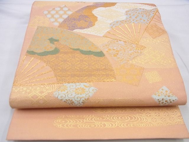 平和屋着物◎太鼓柄袋帯 綴れ 扇面花文 金糸 逸品 BAAJ0073th