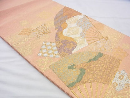 平和屋着物◎太鼓柄袋帯 綴れ 扇面花文 金糸 逸品 BAAJ0073th