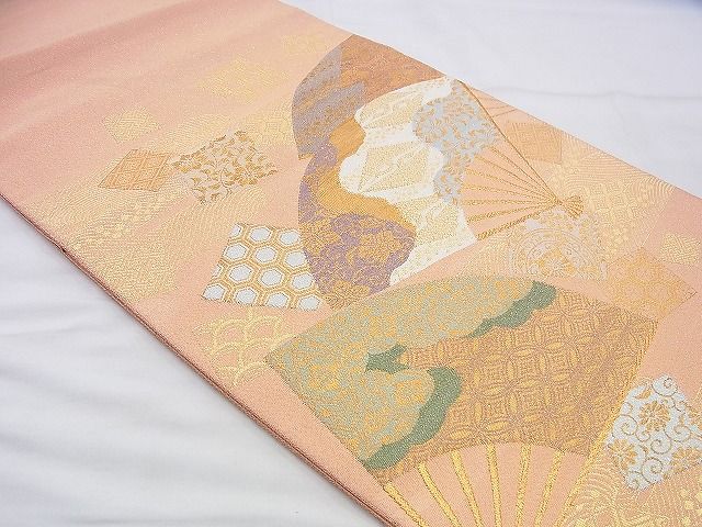 平和屋着物◎太鼓柄袋帯 綴れ 扇面花文 金糸 逸品 BAAJ0073th