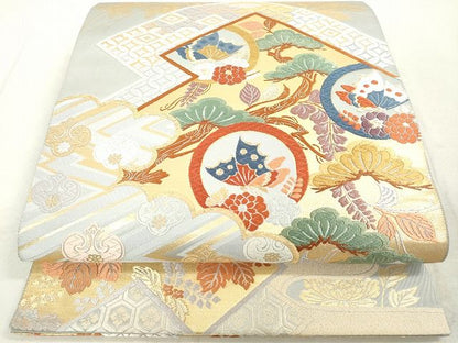 平和屋着物◎六通柄袋帯 唐織 松皮菱舞蝶花丸文 金糸 逸品 DAAH9705tw