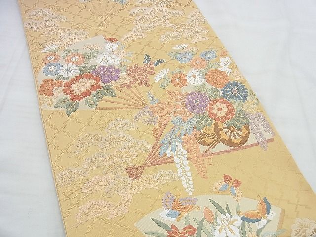 平和屋着物◎六通柄袋帯 唐織 扇面花車文 金糸 逸品 BAAI5961jm