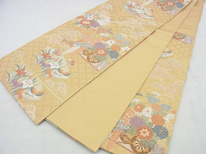 平和屋着物◎六通柄袋帯 唐織 扇面花車文 金糸 逸品 BAAI5961jm
