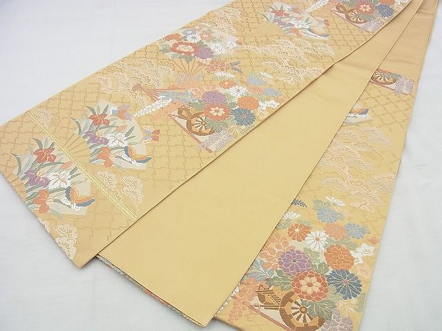 平和屋着物◎六通柄袋帯 唐織 扇面花車文 金糸 逸品 BAAI5961jm