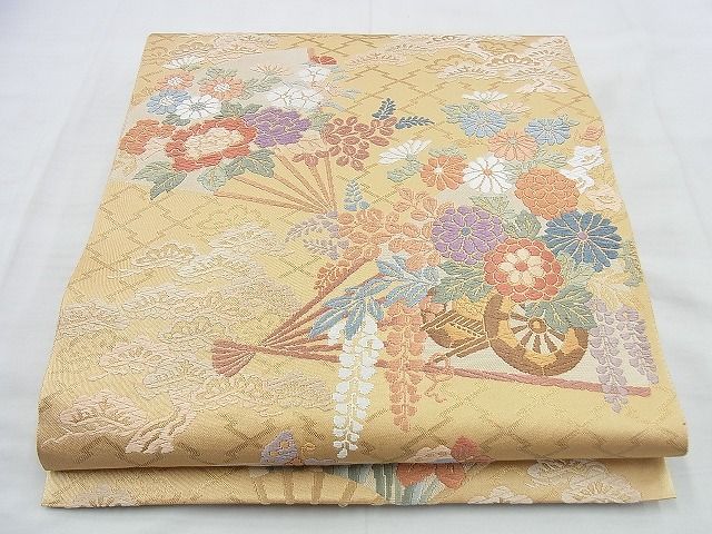 平和屋着物◎六通柄袋帯 唐織 扇面花車文 金糸 逸品 BAAI5961jm