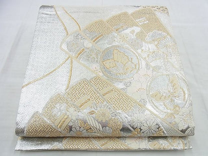 平和屋着物◎佐賀錦 六通柄袋帯 唐織 檜扇花蝶文 金銀糸 逸品 BAAI5981jm