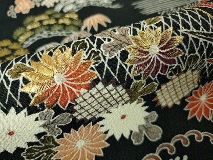 平和屋本店●極上　九寸名古屋帯　刺繍　友禅　網干　水辺吉祥風景　黒地　鬼しぼ縮緬　金糸　逸品　未使用　DZAA1901kh4