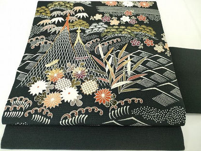 平和屋本店●極上　九寸名古屋帯　刺繍　友禅　網干　水辺吉祥風景　黒地　鬼しぼ縮緬　金糸　逸品　未使用　DZAA1901kh4