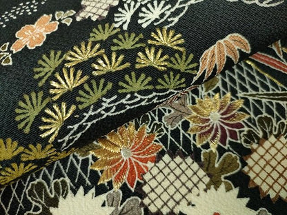 平和屋本店●極上　九寸名古屋帯　刺繍　友禅　網干　水辺吉祥風景　黒地　鬼しぼ縮緬　金糸　逸品　未使用　DZAA1901kh4