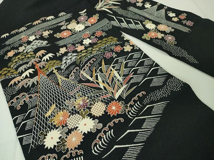 平和屋本店●極上　九寸名古屋帯　刺繍　友禅　網干　水辺吉祥風景　黒地　鬼しぼ縮緬　金糸　逸品　未使用　DZAA1901kh4
