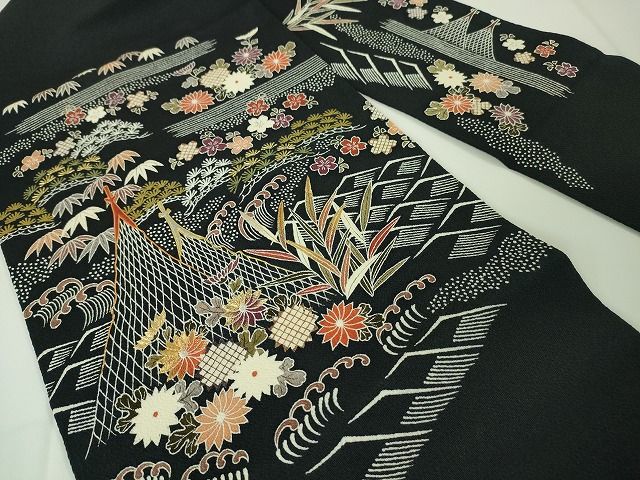 平和屋本店●極上　九寸名古屋帯　刺繍　友禅　網干　水辺吉祥風景　黒地　鬼しぼ縮緬　金糸　逸品　未使用　DZAA1901kh4