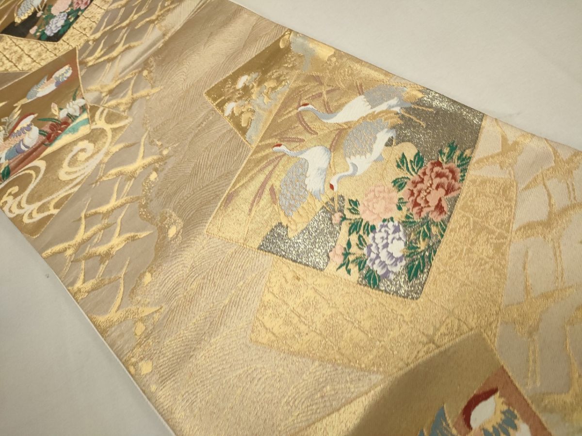 平和屋着物◎六通柄袋帯 唐織 色紙重ね草花鶴文 金糸 逸品 CAAG5411ak
