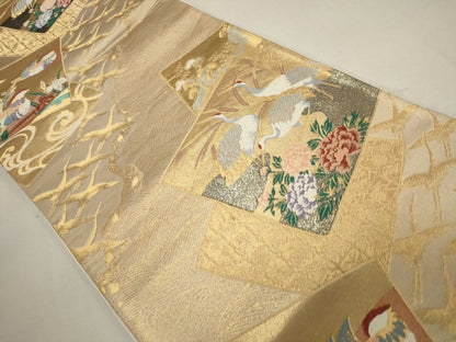 平和屋着物◎六通柄袋帯 唐織 色紙重ね草花鶴文 金糸 逸品 CAAG5411ak