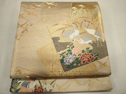 平和屋着物◎六通柄袋帯 唐織 色紙重ね草花鶴文 金糸 逸品 CAAG5411ak