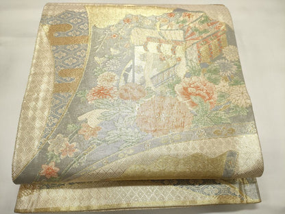 平和屋着物◎佐賀錦 六通柄袋帯 御所車花文 金糸 逸品 CAAG5448ak