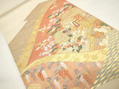 平和屋着物◎太鼓柄袋帯 綴れ 風景飛鶴花文 金糸 逸品 CAAG5446ak