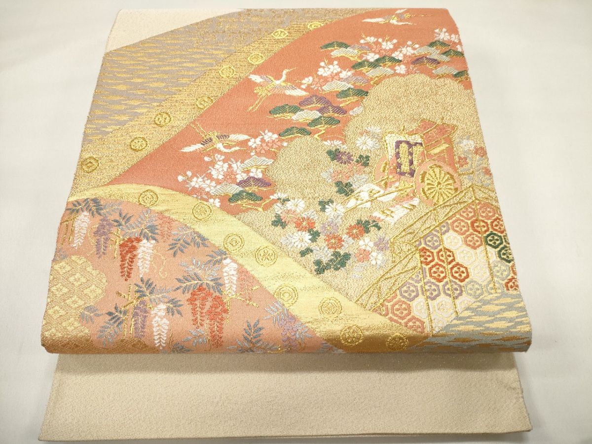 平和屋着物◎太鼓柄袋帯 綴れ 風景飛鶴花文 金糸 逸品 CAAG5446ak