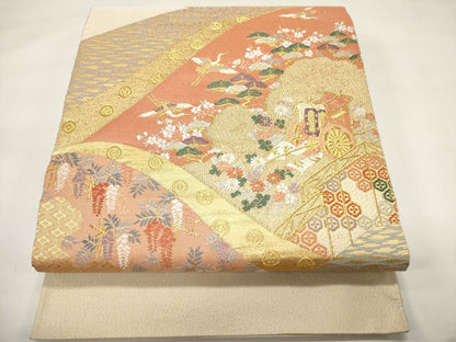 平和屋着物◎太鼓柄袋帯 綴れ 風景飛鶴花文 金糸 逸品 CAAG5446ak