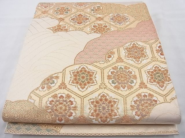 平和屋着物◎六通柄袋帯 雲取り亀甲花文 金糸 逸品 BAAI6366cm