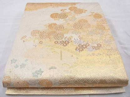 平和屋着物◎佐賀錦 六通柄袋帯 唐織 渡橋秋草文 金糸 逸品 BAAI6397cm