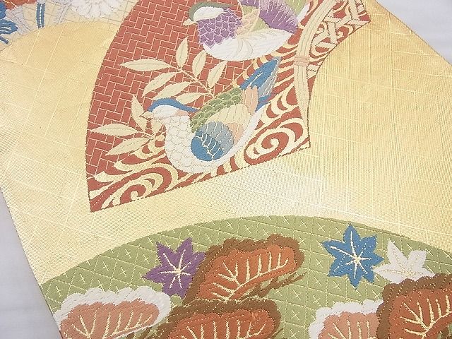 袋帯 六通 西陣織 光悦垣鴛鴦文 菊 モミジ 金糸箔 鴛鴦(おしどり) 美品 平和屋着物□六通柄袋帯 唐織 鴛鴦観世水文 金糸 正絹 逸品