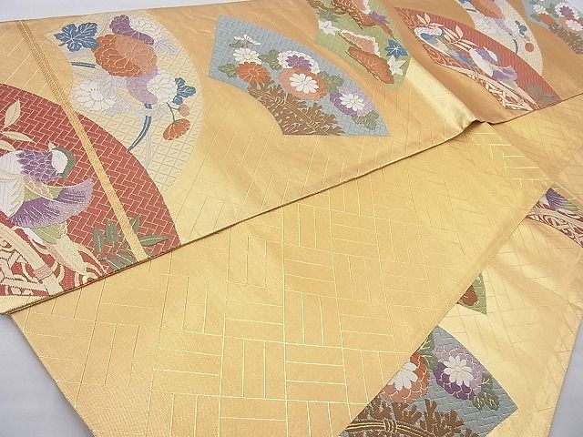 袋帯 六通 西陣織 光悦垣鴛鴦文 菊 モミジ 金糸箔 鴛鴦(おしどり) 美品 平和屋着物◎佐賀錦 六通柄袋帯 地紙鴛鴦花文 金糸