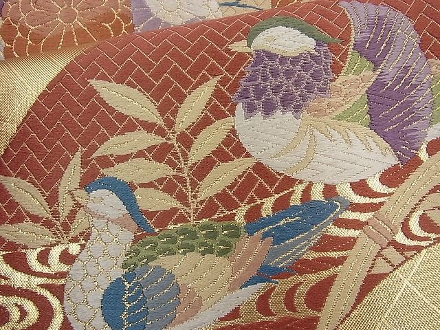 袋帯 六通 西陣織 光悦垣鴛鴦文 菊 モミジ 金糸箔 鴛鴦(おしどり) 美品 平和屋着物□六通柄袋帯 唐織 鴛鴦観世水文 金糸 正絹 逸品