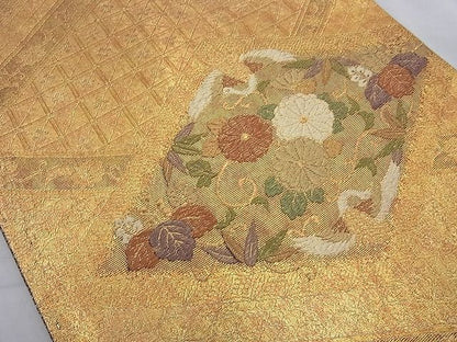 平和屋着物◎佐賀錦 六通柄袋帯 唐織 向い鶴花唐草文 金糸 逸品 BAAI6838cm