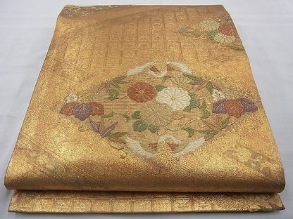 平和屋着物◎佐賀錦 六通柄袋帯 唐織 向い鶴花唐草文 金糸 逸品 BAAI6838cm