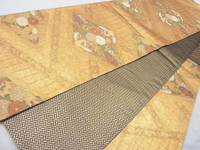 平和屋着物◎佐賀錦 六通柄袋帯 唐織 向い鶴花唐草文 金糸 逸品 BAAI6838cm