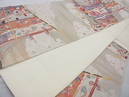 平和屋着物◎六通柄袋帯 唐織 几帳慶長文 金糸 逸品 BAAI6870cm