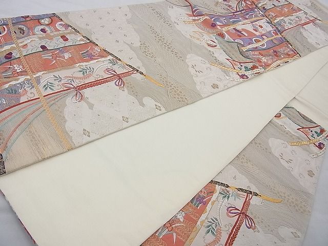平和屋着物◎六通柄袋帯 唐織 几帳慶長文 金糸 逸品 BAAI6870cm