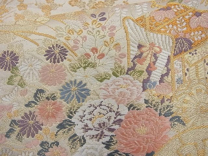 平和屋着物◎六通柄袋帯 唐織 御所車花鳥文 金糸 逸品 BAAI6874cm
