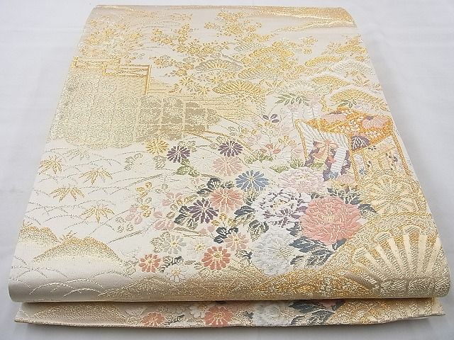 平和屋着物◎六通柄袋帯 唐織 御所車花鳥文 金糸 逸品 BAAI6874cm