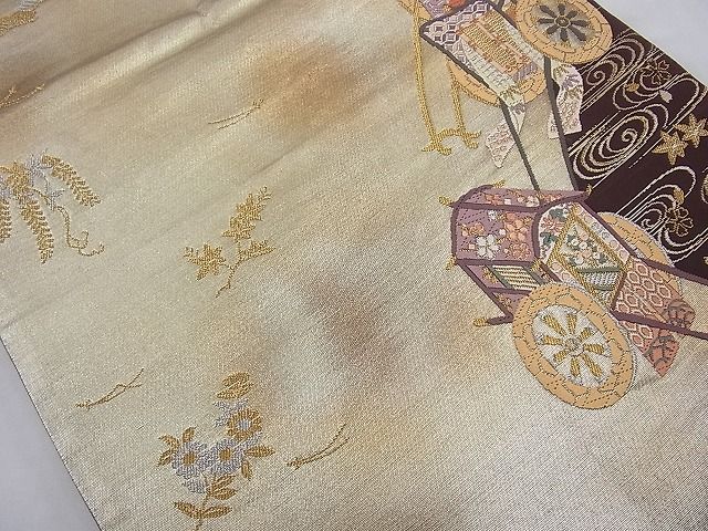 平和屋着物◎六通柄袋帯 唐織 御所車吹き寄せ文 金糸 逸品 BAAI6922cm