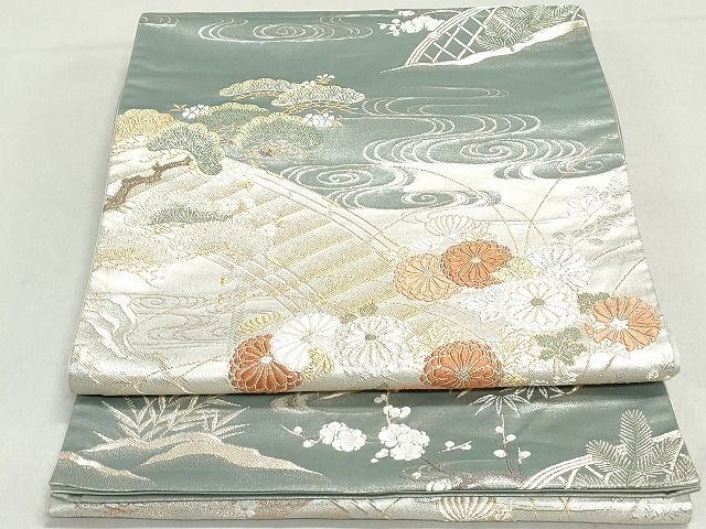 平和屋着物◎六通柄袋帯 風景花文 蒔絵箔 金銀糸 逸品 DAAH9014mz
