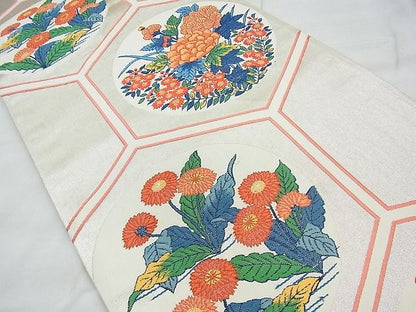平和屋着物◎六通柄袋帯 唐織 亀甲花丸文 銀糸 逸品 BAAI5652qt
