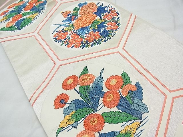 平和屋着物◎六通柄袋帯 唐織 亀甲花丸文 銀糸 逸品 BAAI5652qt