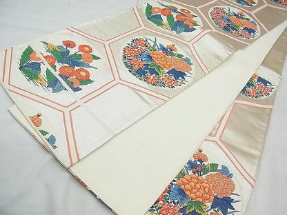 平和屋着物◎六通柄袋帯 唐織 亀甲花丸文 銀糸 逸品 BAAI5652qt