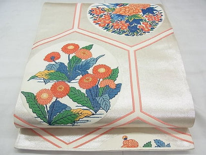 平和屋着物◎六通柄袋帯 唐織 亀甲花丸文 銀糸 逸品 BAAI5652qt
