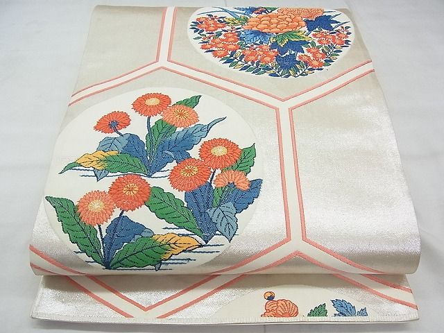 平和屋着物◎六通柄袋帯 唐織 亀甲花丸文 銀糸 逸品 BAAI5652qt