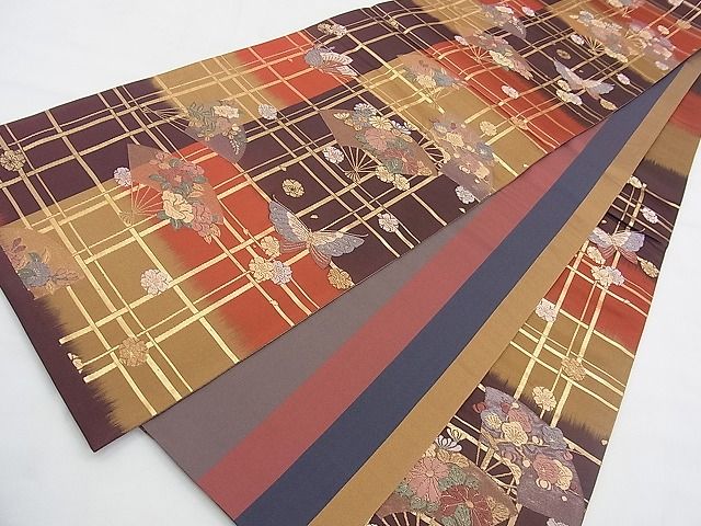平和屋着物◎六通柄袋帯 唐織 扇面花蝶文 金糸 逸品 BAAI5699qt