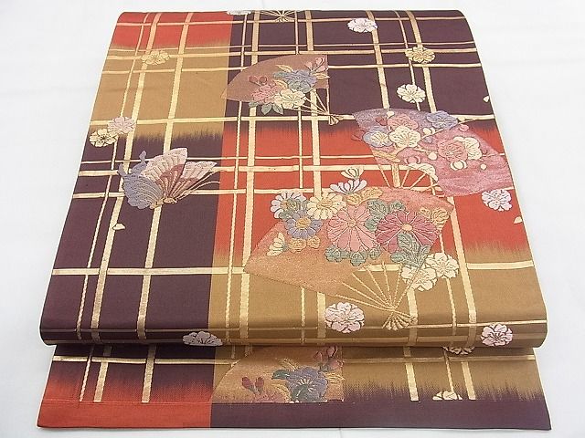 ◆おふく◆袋帯　扇に蝶に花 平和屋着物◎六通柄袋帯 唐織 扇面花蝶文 金糸 逸品 BAAI5699qt