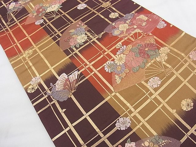 平和屋着物◎六通柄袋帯 唐織 扇面花蝶文 金糸 逸品 BAAI5699qt