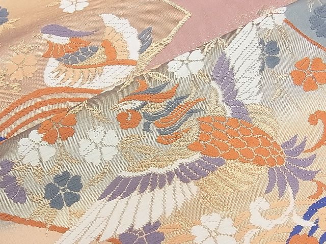ブランド帯　袋帯　鳳凰紋　華紋　唐花　菱取り　ゴールド　着物　042a d 平和屋着物◎六通柄袋帯 唐織 鳳凰花文 金糸 正絹 逸品