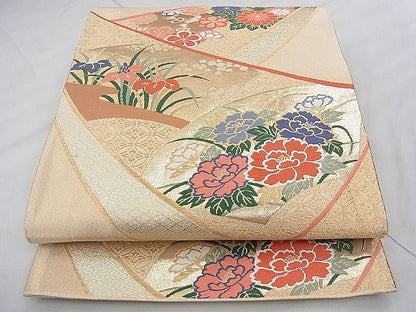 平和屋着物◎六通柄袋帯 唐織 熨斗地紙花文 金糸 逸品 BAAI5768qt